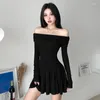 Casual Dresses STSVZORR Women's Black Brown Off Shoulder Dress Spring Sexy Y2K Ruffle Edge Long Sleeve Short Skirt