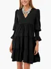 Casual Dresses Women A Line Mini Dress Long Sleeve Loose Fit Solid Color V Neck Trendy Pleated Tiered Short