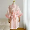 Mulheres sleepwear mulheres pena manga cetim quimono noiva vestes rosa robe pijamas roupão de noite vestido de noiva nightwear