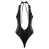 Wear Women's Swimsuit Wet Look Leather Bodysuit Lingerie Swimwear Halter Neck Hollow Out Backless Crotchless Thong Leotard Bodysuit