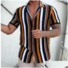 Camisas casuales para hombres Camisas casuales para hombre 2023 Camisa para hombres Rayas de moda Imprimir Manga corta Verano Botón de cuello vuelto Ropa masculina Dhgpe