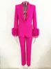 Pink Pant Suits Ostrich Feather 2023 Fashionable Luxury Real Embellished Diamond Shawl Collar Suit Jacket Set 240115