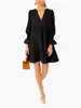 Casual Dresses Women A Line Mini Dress Long Sleeve Loose Fit Solid Color V Neck Trendy Pleated Tiered Short