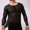 Hommes Stripe Undershirt Respirant Slim Mesh Tees Shirt Voir à travers les manches longues transparentes T-shirts Sexy Chemise transparente Sous-vêtements 240116