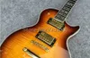 Chitarra elettrica LP personalizzata Sunburst Flame Top in acero Tastiera in ebano Block Intarsio diviso Corpo tagliato a pancia con contorno tallone Guitarra