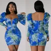 Abbigliamento etnico Primavera Autunno Abiti africani per le donne Africa Manica lunga Sexy scollo a V Blu Verde Stampa Slim Office Lady Party Dress