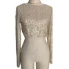 Blouses Femmes Femmes Crop Top Brillant Sequin O Cou Manches Longues Taille Exposée Pull Doux Stage Show Performance Club Party Lady