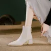 Botlar Kadınlar Kama Yüksek Topuk Kısa Moda Sinek Yan Fermuar Seksi Üçgen Şeklinde Streç Yumuşak Deri Ayak Bileği 231115