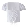 Kvinnors tankar Eyelet Crop Top Women Fairycore Clothing White Short Sleeve Square Neck Tie Front Spets Trim T-shirt Summer Streetwear