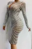 Stage Wear Sexy Luxurious Silver White Rhinestones Evening Long Sleeves Dress Birthday Celebrate Performance Dancer Singer