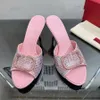 En Kaliteli Gradyan Rhinestone Terlik Katırları Metal Mektup Toka Kristal Stiletto Topuklar Sandal 7cm Kadın Lüks Tasarımcı Sandalet Bayanlar Topuklu Akşam Ayakkabıları