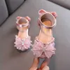 Sandales d'été pour filles avec nœud papillon, tête ronde, chaussures de princesse antidérapantes avec strass, Protection de la cheville pour enfants, semelle souple, chaussures en cuir décontractées