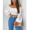 Women's Blouses Summer Fashion Shirt Slash Neck Pullover Bubble Sleeve Blouse Tops Long Crop Backless Lace-up Chemises