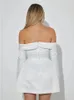Elegante effen off-shoulder mini-aline-jurk slanke rugloze split-jurk met lange mouwen 2023 dames chique geplooide feestgewaden 240115