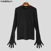 Camiseta masculina casual estilo simples topos incerun moda sólida apertado t-shirts masculino oco dedal design manga comprida camisa S-3XL