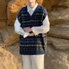 メンズベスト衣料品グラフィックベストノースリーブニットセーター男性チョッキ格子縞の青いV高品質のネック韓国秋の服