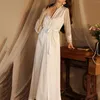 Stud Earrings Women Luxury Homewear Lace Robes Sheer Mesh Long Flare Sleeve Kimono Female White Drawstring Waist Maxi Bathrobe Sexy