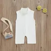 Summer jumpsuit for young children girls and boys solid colored high necked sleeveless short sleeved jumpsuit with ribbons fashionable clothing 240116