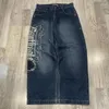 Calças de brim femininas padrão geométrico bordado design harajuku casual cintura alta mulheres 2024 rua hip hop em linha reta calças largas perna