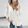Women's Blouses Women Blouse V-neck Zipper Neckline Crochet Floral Lace Puff Long Sleeve Tops Summer Print Loose Tunic Shirt