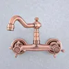 Bathroom Sink Faucets Antique Red Copper Brass Wall Mount Basin Faucet Double Handle Kitchen 360 Degree Rotation Wash Water Tap