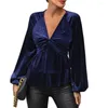 Women's Blouses Women Veet Shirt Spring Fall Deep V Neck Ruched Bust Layered Slim Waist Solid Color Ladies Female Long Sleeves Top Blouse