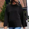 Kvinnors T -skjortor Solid Color Round Neck Lång ärm Hem Sidan Split tröja Pullover Knit Inner Top Women Fashion Blus 2024 Skjorta