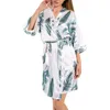 Pijamas femininos elegante plus size robe para mulher folhas impressão loungewear plus size cetim renda cardigan nighties roupão