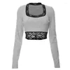 Dames T-shirts Y2K Esthetisch Grijs Kanten Afwerking Korset Crop Tops Met Lange Mouwen Dames Koreaanse Mode Sexy Vierkante Kraag Slank Basic T-shirt Blouse