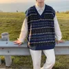 メンズベスト衣料品グラフィックベストノースリーブニットセーター男性チョッキ格子縞の青いV高品質のネック韓国秋の服