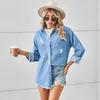 Långärmad denim Jean -skjortor Kvinnor Blusar Button Down Shirt Business Casual Tops Ripped Female Clothing S M L XL