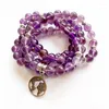 Braccialetti con ciondoli Cristalli di quarzo viola naturale Pietra 108 Collana di perline Mala Bracciale buddista tibetano elastico 8mm Simbolo OM Terra