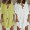 Chemisiers pour femmes col montant irrégulier robe ample simple boutonnage robes à manches raglan avec poche femmes tunique d'été chemise courte