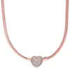 Original Rose Gold Pave Heart Clasp Snake Chain Necklace For Europe DIY Jewelry 925 Sterling Silver Bead Charm 240116