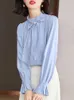 Camicette da donna Camicie blu da donna Moda Fiocco Manica lunga Classico Basic Mezza collo alto Pullover Elegante ufficio Comodo semplice Top