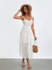 Lässige Kleider, elegante Blusen für Damen, S-Sommer-Midi-Cami-Kleid, weiß, ärmellos, rückenfrei, transparente Spitze, Party