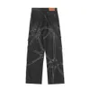 Vintage Gear Patch Punk Jeans High Street Spiderweb Straight Leg Pants Men's Wide Leg Pants Black Cargo Pants Y2k Clothes Baggy 240115