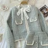 Outono 2 peças conjunto elegante moda vintage xadrez tweed manga longa jaquetas casaco irregular aline mini saias feminino terno 240116