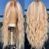 Hafif sarışın, tam dantel ön insan saç perukları kadınlar için 13x4 hd dantel ön peruk kökleri gevşek dalga sentetik peruk ön plana çıkmış orta kısım