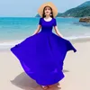 Sukienki imprezowe Długie sukienki kobiety stałe kolory okrągły szyici na plaży lato bohemian maxi krótkie rękawe vestidos wielki rozmiar