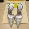 Sandaler berömda designers skor för kvinna mode strass tofflor guldmetall klack kvinnasko 9,0 cm hög häl bakåt band sandal 35-42