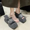 Slippers Summer Outside Modern High Heel Square Ladies Shoes 2024 Quality Solid Rivet Concise Women's