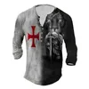 Винтажные хлопковые мужские футболки с 3D принтом «Рыцарь» в готическом стиле с длинным рукавом, повседневная рубашка на пуговицах, футболка большого размера, мужской пуловер в стиле панк 240115
