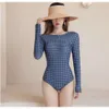 Moon New Fairy Fan One-piece Hot Spring Maiô Mulheres Cobrem Sua Barriga Aparecem Finas Conservadoras Mangas Compridas e Sexy Vestido Sem Encosto Designer Marine Top T5