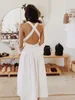 Damska sukienka z bawełny bez pleców bawełny i lniane rękawy A-line Beach Seksowne kieszenie Y2K goście weselne sukienka midi 240116