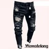 Vit broderi mager rippade jeans män bomull stretchig smal fit hip hop jenim byxor casual jeans för män jogging byxor 240115