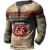 خمر الرجال T Shirt Long Sleeve Cotton Top Tees USA Route 66 Letter Graphic 3D Print T-Shirt Fall Legherse Sould Sould 5XL 240115