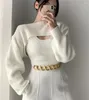 Kvinnors tröjor 2024 Fashion Autumn Outfit Clothes Knit Wear skuldra långärmad tröja Cardigan Women White 2 Piece Lady