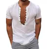 Camisas casuais masculinas camisa de linho com decote em v verão cor sólida retro ocidental homens soltos camiseta leve manga longa