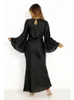 Kvinnor elegant solid satin maxi klänning mode flare ärmar hög midja långa promrockar 2023 damer chic street vestidos 240115